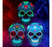 Simgoing 3 Pcs LED Halloween Mask for Adults, Light up Day of the Dead Mask Costume with Adjustable Headband for Halloween Cosplay Mexican Masquerade Party Costume