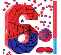 Simgoing Number 6 Spider Web Piñata Bundle with Blindfold Small Piñata Birthday Party Decoration for Mexican Fiesta Cinco De Mayo Anniversary Celebration Gift, 15.75 x 11 x 2.8 In(Red Blue)