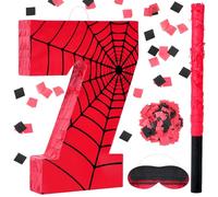 Simgoing Number 7 Spider Piñata Bundle with Blindfold Small Piñata Birthday Party Decoration for Mexican Fiesta Cinco De Mayo Anniversary Celebration Gift, 15.75 x 11 x 2.8 in(Red Black)