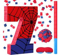 Simgoing Number 7 Spider Web Piñata Bundle with Blindfold Small Piñata Birthday Party Decoration for Mexican Fiesta Cinco De Mayo Anniversary Celebration Gift, 15.75 x 11 x 2.8 In(Red Blue)