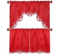 Simhomsen Embroidered Snowflakes Kitchen Window Curtain Swag and Tiers Set for Christmas and Winter (Red)