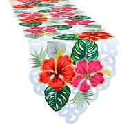 Simhomsen Embroidered Tropical Palm Leaves and Hibiscus Flower Table Runners for Hawaiian Luau Party, Paradise Jungle Beach Themed Party or Baby Shower Decorations (14 × 54 inches)