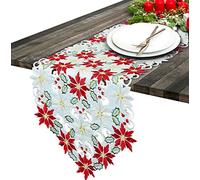 Simhomsen Large Christmas Poinsettia Table Runner for Holiday Decorations, Embroidered Holly Leaves, Thick Fabric (15 × 107 inch)