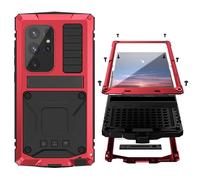 Simicoo Compatible with Samsung S24 Ultra Metal Bumper Silicone Case with Stand Screen Protector Gorilla Glass Hybrid Durable Military Shockproof Heavy Duty Rugged Outdoor Full Body Camera Cover Red