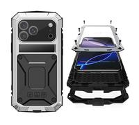 Simicoo for 17 Pro Max Metal Military Heavy Duty Case, Metal Bumper Silicone Shockproof Dustproof Rugged Tough with Stand Screen Protector Camera Control Full Body Drop Protective Cover (Silver)