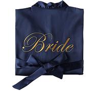 SimidunEUR Bride Robes/Bridesmaid Robes, Kimono Robes Short Dressing Gown Satin Bathrobe Nightdress Sleepwear Oblique V-Neck Pyjamas with Embroidery Writing,Bride Navy,XL