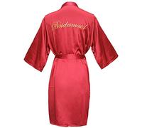 SimidunEUR Bride Robes/Bridesmaid Robes, Kimono Robes Short Dressing Gown Satin Bathrobe Nightdress Sleepwear Oblique V-Neck Pyjamas with Embroidery Writing,Bridesmaid WineRed,L