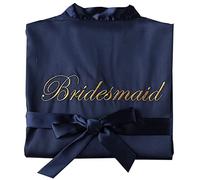 SimidunEUR Bride Robes/Bridesmaid Robes, Kimono Robes Short Dressing Gown Satin Bathrobe Nightdress Sleepwear Oblique V-Neck Pyjamas with Embroidery Writing,Bridesmaid Navy,M