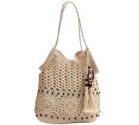 SimidunEUR Women's Boho Crochet Tote Bag with Tassel & Beads - Woven Cotton Shoulder Handbag with Detachable Zipper Pouch, Summer Beach Vacation Hobo Bag,Beige