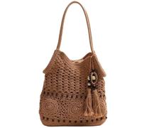 SimidunEUR Women's Boho Crochet Tote Bag with Tassel & Beads - Woven Cotton Shoulder Handbag with Detachable Zipper Pouch, Summer Beach Vacation Hobo Bag,Coffee