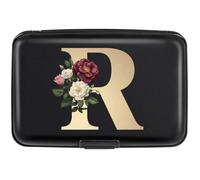 Simikol Credit Card Holder Personalized Initial Letter Small Aluminum Wallet Rose Flower Card Case RFID Blocking Wallets for Women and Girls, R