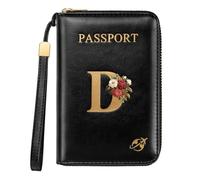 Simikol Passport Wallet with Zipper Personalized Passport Holder Initial Letter Rose Flower RFID Blocking Travel Wallets Credit Cards Holder for Women Men, D
