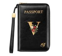 Simikol Passport Wallet with Zipper Personalized Passport Holder Initial Letter Rose Flower RFID Blocking Travel Wallets Credit Cards Holder for Women Men, V
