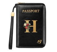Simikol Passport Wallet with Zipper Personalized Passport Holder Initial Letter Rose Flower RFID Blocking Travel Wallets Credit Cards Holder for Women Men, H
