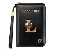 Simikol Passport Wallet with Zipper Personalized Passport Holder Initial Letter Rose Flower RFID Blocking Travel Wallets Credit Cards Holder for Women Men, L