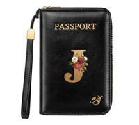 Simikol Passport Wallet with Zipper Personalized Passport Holder Initial Letter Rose Flower RFID Blocking Travel Wallets Credit Cards Holder for Women Men, J