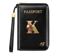 Simikol Passport Wallet with Zipper Personalized Passport Holder Initial Letter Rose Flower RFID Blocking Travel Wallets Credit Cards Holder for Women Men, K