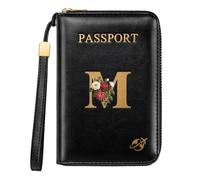 Simikol Passport Wallet with Zipper Personalized Passport Holder Initial Letter Rose Flower RFID Blocking Travel Wallets Credit Cards Holder for Women Men, M