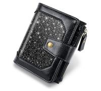 Simikol Small Women Wallet,Bifold Purse RFID Blocking Credit Card Holder Wallet with Zipper Pocket, Black Glitter, Fashion Black Glitter