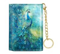 Simikol Trifold Womens Wallet Small Slim RFID Blocking Card Wallet Cute Credit Card Holder Leather Mini Purse with Long Cash Pocket and Keychain, Peacock, Casual