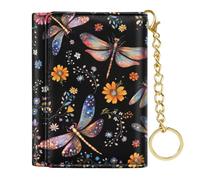 Simikol Trifold Womens Wallet Small Slim RFID Blocking Card Wallet Cute Credit Card Holder Leather Mini Purse with Long Cash Pocket and Keychain, Dragonfly, Casual