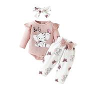 Similotey Infant Baby Girls Clothes Elephant Print Long Sleeve Ruffle Tops and Bow Pants 3Pcs Outfits Set, Pink, 3-6 Months
