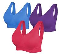 SIMIYA Super Comfort Bra, Womens Sports Bras Removable Pads Plus Size Sleep Bras for Girls in Yoga Bralette Leisure Stretch Crop Tops Vest (L, 3 Pack Dark Blue+Dark Purple+Rose Red)