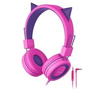SIMJAR Cat Ear Kids Headphones with Microphone for School, Volume Limiter 85/94dB, Wired Girls Headphones with Foldable Design for Online Learning/Travel/Tablet/iPad (Purple)