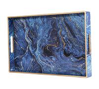 Simmer Stone Decorative Tray, Marbling Plastic With Handles, Rectangular Vanity And Serving For Bathroom, Kitchen, Ottoman And Coffee Table, 15.6” x 10.2” (Marbling Blue)
