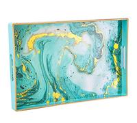 Simmer Stone Decorative Tray, Marbling Plastic With Handles, Rectangular Vanity And Serving For Bathroom, Kitchen, Ottoman And Coffee Table, 15.6” x 10.2” (Marbling Green Blue)