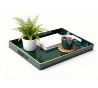 Simmer Stone Decorative Tray, Rectangle Plastic with Handles, Modern Vanity and Serving for Ottoman, Coffee table, Kitchen and Bathroom, 15.6" x 10.2" x 1.5" (Golden border dark green)