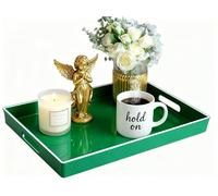 Simmer Stone Decorative Tray, Rectangle Plastic with Handles, Modern Vanity and Serving for Ottoman, Coffee table, Kitchen and Bathroom, 15.6" x 10.2" x 1.5" (White border green)