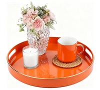 Simmer Stone Decorative Tray, Round Plastic with Handles, Modern Vanity and Serving for Ottoman, Coffee table, Kitchen and Bathroom, Size 13", Orange