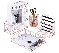 Simmer Stone Metal Wire 4 in 1 Desk Organizer Set- Magazine Organizer, Document Tray, Mail Sorter, Pen Holder, Modern Office Accessories Iron Stationery Kit Decor, Rose Gold