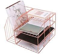 Simmer Stone Stackable File Tray, Wire Desk Paper Organizer for Mails, Documents, Folders and Books, 3-Tier Letter Sorter Tray Plus Display Shelf and Magazine Holder, Rose Gold