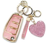 Simocky Compatible with Audi Key Fob Cover with Heart Keychain, Girly Soft TPU Car Key Shell Case for Women, Compatible with Audi A1 A3 Q3 Q7 R8 A6L TT Smart Remote Key Protector (3 Buttons--Pink)