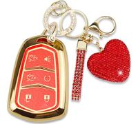 Simocky Compatible with Cadillac Key Fob Cover with Heart Keychain for Women, Compatible with Cadillac Escalade ESV ATS CTS STS SRX XT5 CT6 2015-2020 Smart Remote Key Protector (6 Buttons-Red)