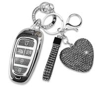 Simocky Compatible with Hyundai Key Fob Cover with Diamond Keychain, Compatible with Hyundai 2020-2023 Sonata Santa fe Tucson Smart Key Protector for Women (5 Buttons, Black)