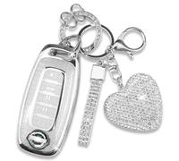 Simocky Compatible with Nissan Key Fob Cover with Heart Keychain, Car Key Shell for Women, Compatible with Nissan Rogue Pathfinder (2023 2024 2025) Sentra (2024 2025) Key Protector (5 Buttons-Silver)