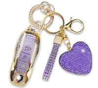 Simocky Compatible with Porsche Key Fob Cover with Heart Keychain, Car Key Shell for Women, Compatible with Porsche Cayenne Panamera 911 718 Macan Boxster Cayman Key Protector (3 Buttons-Purple)