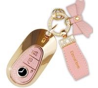 Simocky Key Fob Cover with Diamond Keychain for Mercedes Benz Car Key Shell Compatible with Benz S-Class G-Class E-Class 2020-2022 Smart Key Protector (3 Buttons--Pink Bowknot)
