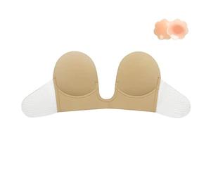 Simoda Adhesive Strapless Bra Invisible Sticky Bra Push Up U Plunge Bra with Nipple Covers for Women V-Neck Backless Dress,Beige,D