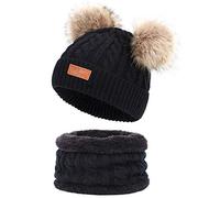 Simoda Children's Winter Hat Scarf Set Knitted Warm Skiing Beanie Cap with Lovely Pompom (Black)
