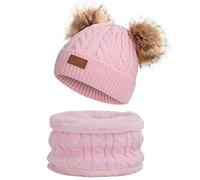 Simoda Infant Toddler Winter Beanie Hat Scarf Set Boys Girls Knitted Warm Pom Pom Cap with Circle Loop Scarf Neckwarmer