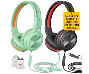 SIMOLIO 2Pack Wired Headphones with Share Port, USB C to 3.5mm Dongle, 3-Level Volume Limiter & Microphone, Passive Noise Isolating, Foldable Over-Ear Headphones for School Adults iPad PC Travel