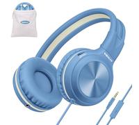 SIMOLIO Headphones Wired, Over-Ear Headphones with Microphone and Volume Limited Foldable Corded Stereo 3.5mm Headset for Smartphones Chromebook Laptop Computer PC Tablets Travel (Blue)