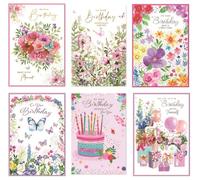 Simon Elvin 6 x Birthday Cards Assorted Various Female Ladies Women Flowers