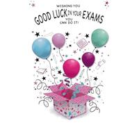 Simon Elvin Good Luck in Your Exams Card, Balloon Gift Box Design, Exam Success Greeting Card