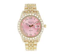 Simone Chic Fully Iced Out Diamond Watch for Women's w/Roman Numerals Easy Read Date and Colorful Dials- Designer Hip Hop Blinged Out Timepiece - ST10226RND-LA, ST10226RND-LA GLD-Pink, ST10226RND-LA