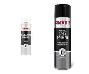 SIMONIZ Holts LOYSIMP22C Clear Acrylic Lacquer, 500 ml & Holts LOYSIMP11C Spray Paint, 500 ml, Grey Primer